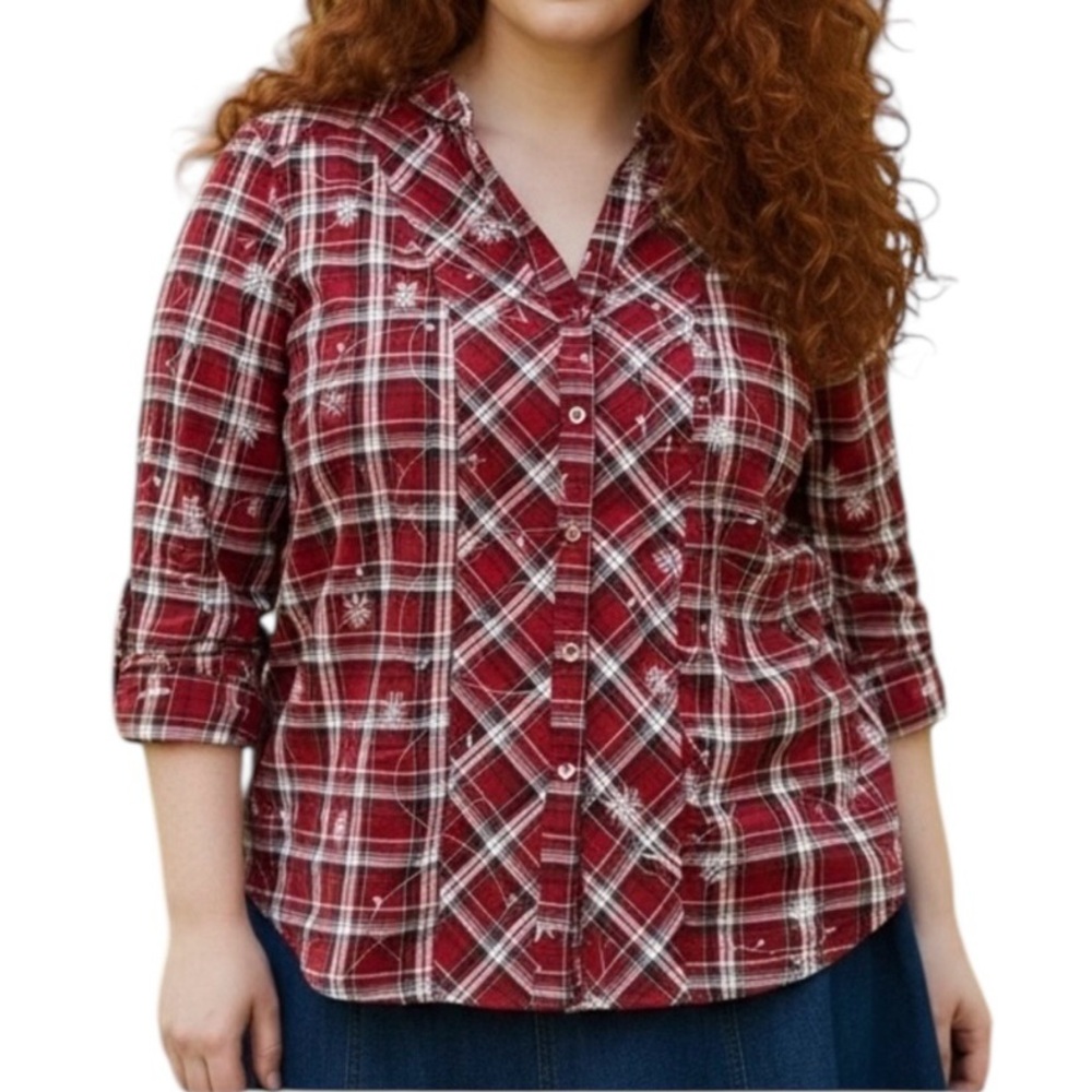 Dressbarn Womens Red Country Plaid Button Front Long Sleeve Blouse Plus Size 1X
